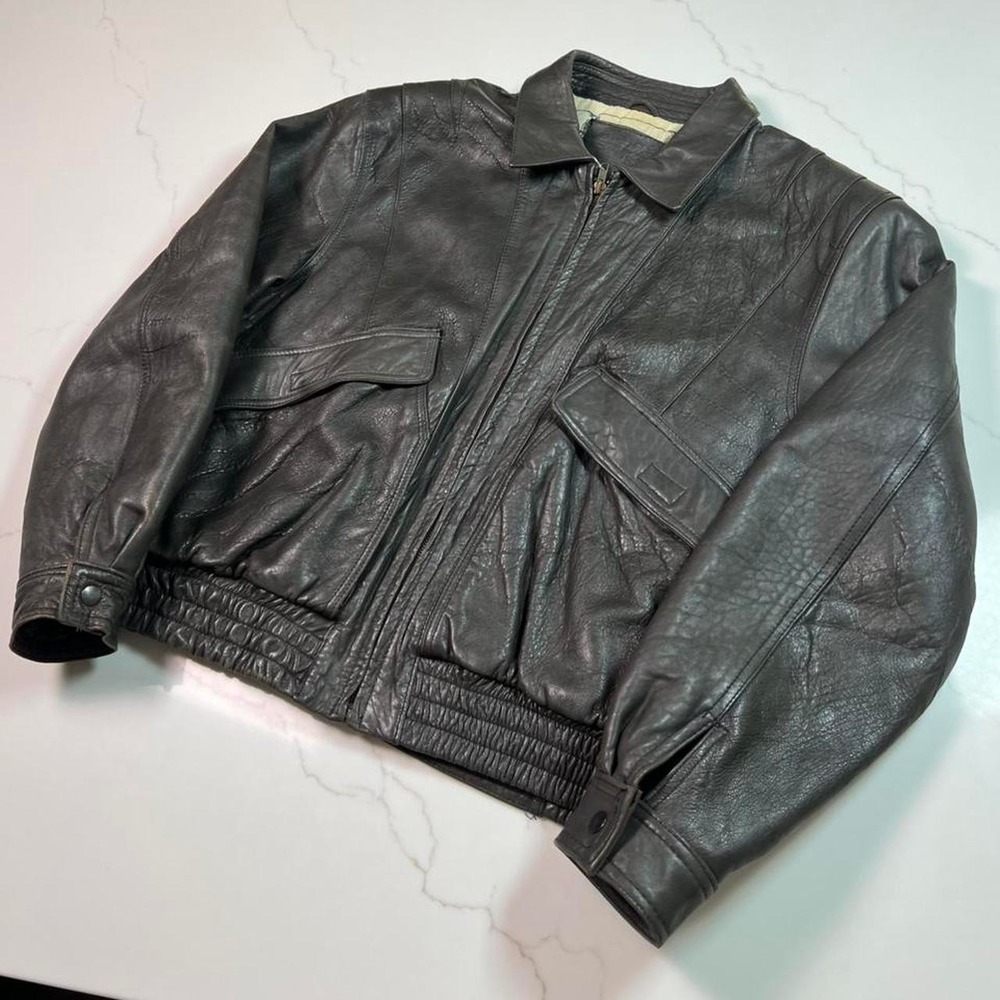 Vintage Leather Bomber Jacket Mens 46 Aviator Flight Map Print Lining Brown